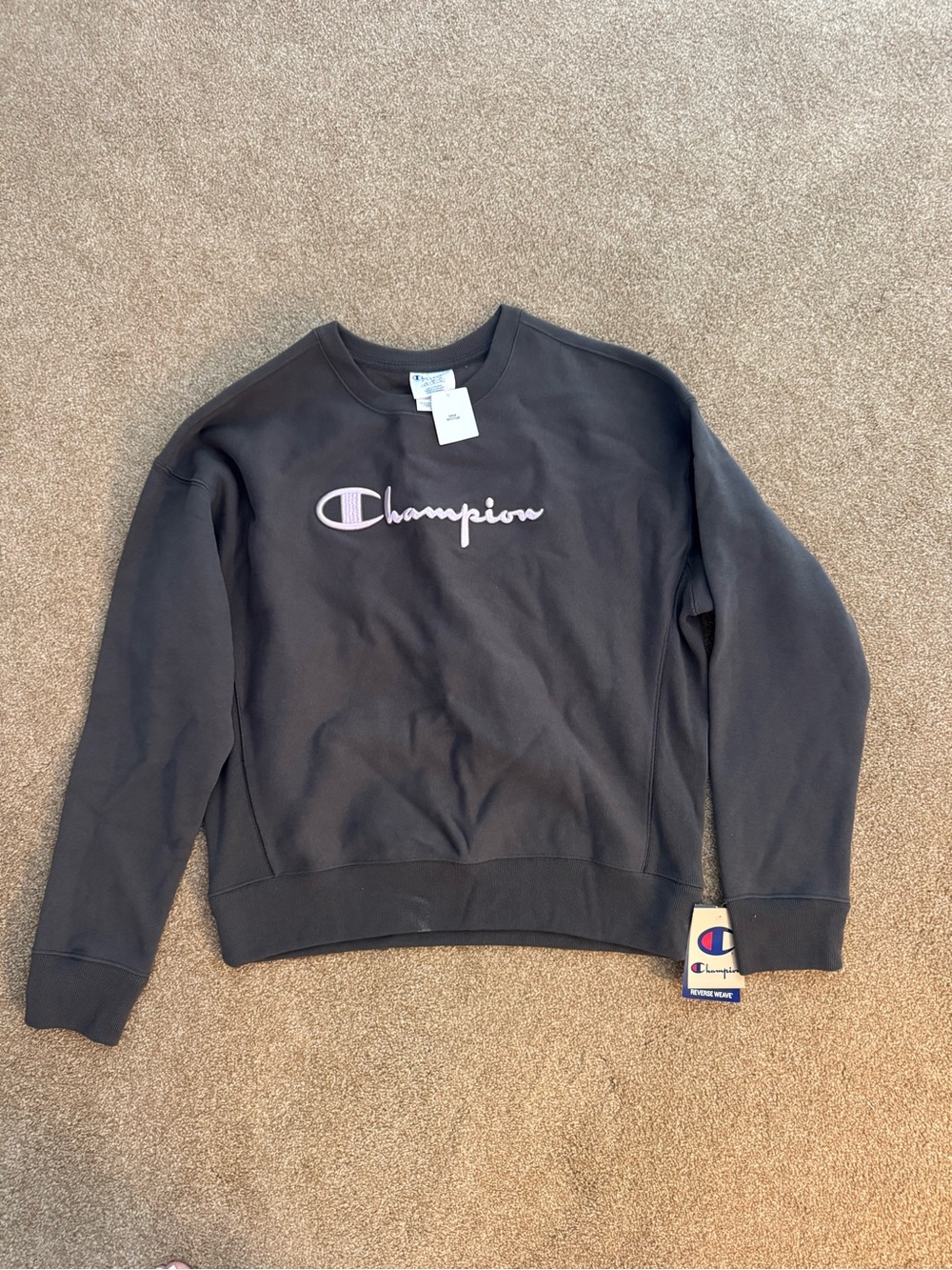 Champion Men's Dark Gray Crewneck Sweatshirt with Light Pink Logo